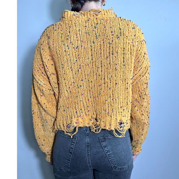 POL Stunning Yellow Distressed Mockneck Cropped Sweater Size Small - Picture 2 of 8